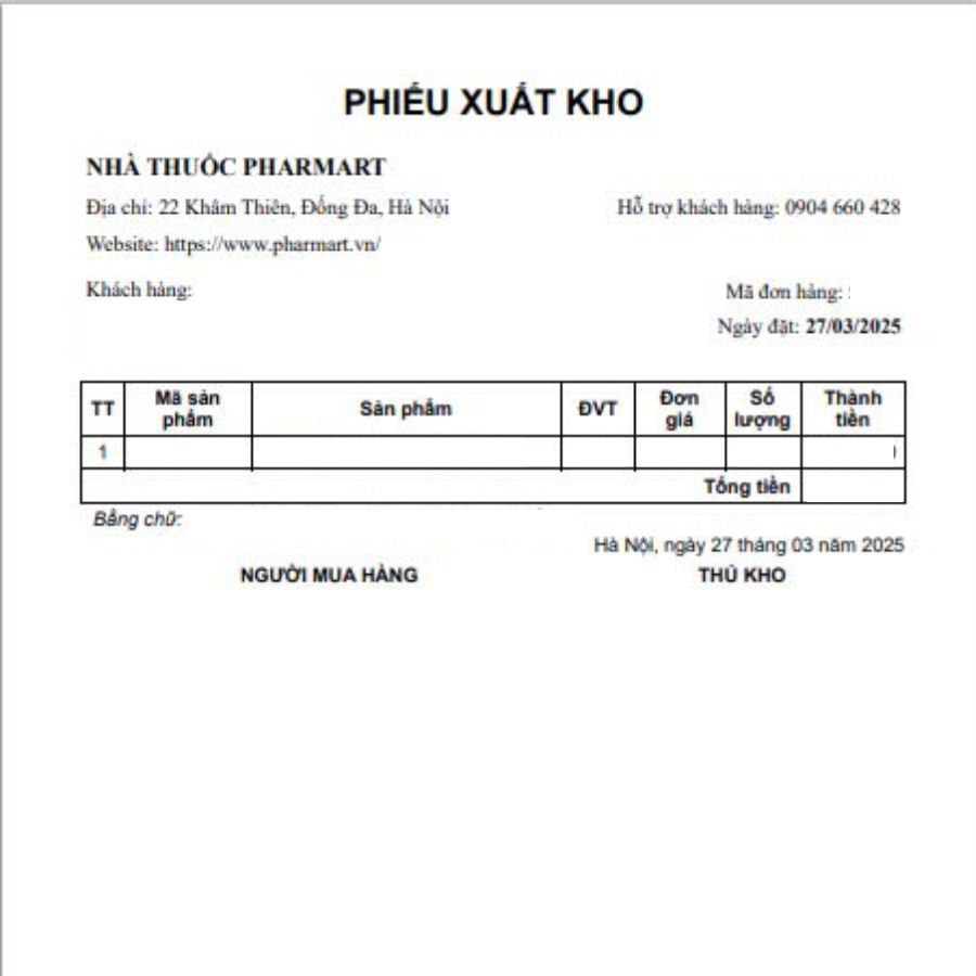 Phiếu xuất kho đi kèm trong mỗi đơn hàng
