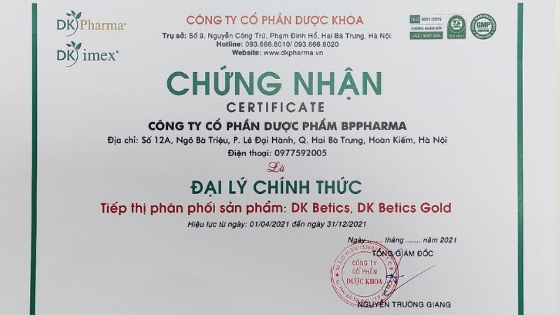 Giấy Chứng nhận đại lý chính thức phân phối sản phẩm DK Betics, DK Betics Gold của BPPharma (Hệ thống Nhà thuốc Hz888a.com)