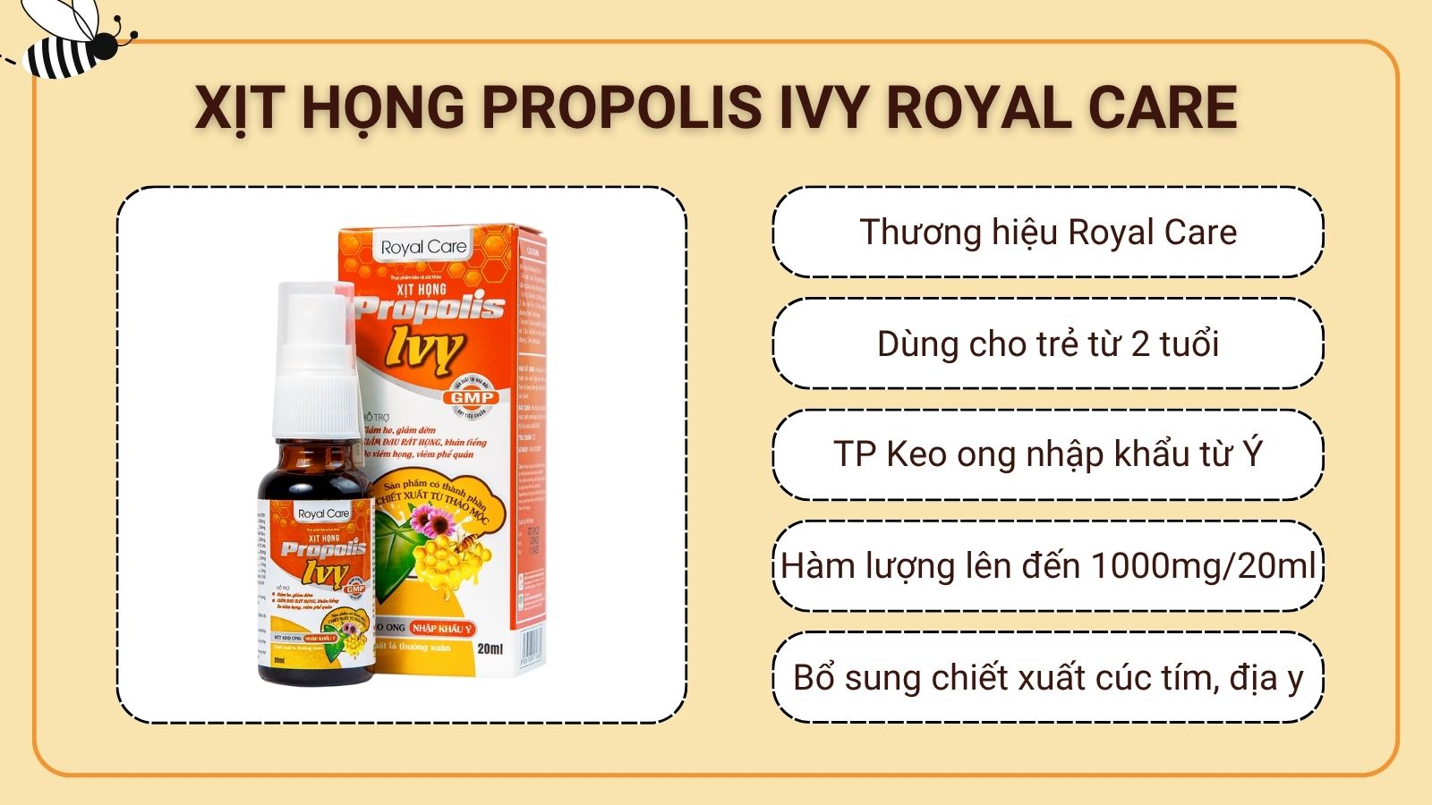 Xịt họng Propolis Ivy kết hợp keo ong v&agrave; chiết xuất C&uacute;c t&iacute;m, Địa y,...