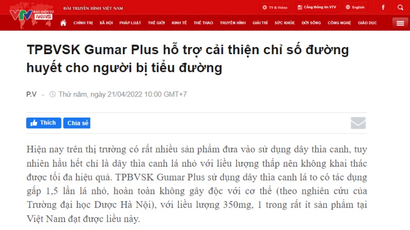 B&aacute;o VTV đưa tin về TPBVSK Gumar Plus