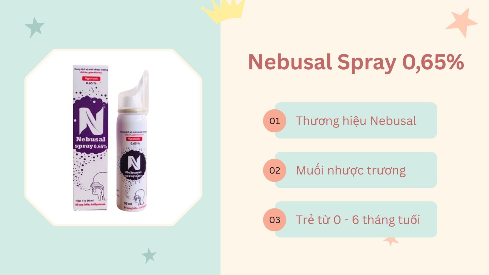 Nebusal Spray 0,65% gi&uacute;p l&agrave;m sạch nhẹ nh&agrave;ng v&agrave; giữ ẩm ni&ecirc;m mạc