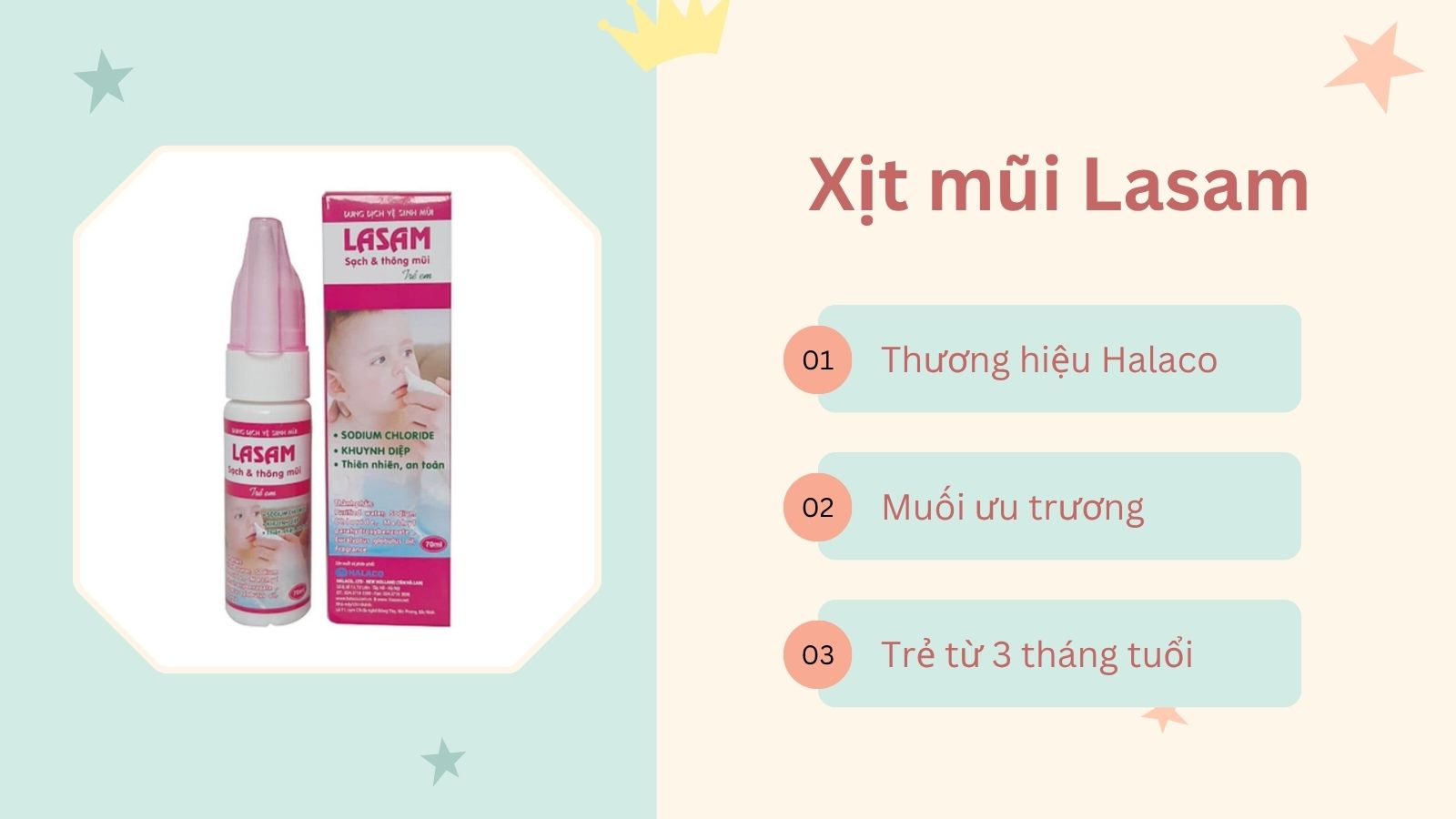 Xịt mũi Lasam kết hợp dung dịch muối v&agrave; tinh dầu khuynh diệp mang lại cảm gi&aacute;c dịu m&aacute;t khi xịt từ lần đầu ti&ecirc;n