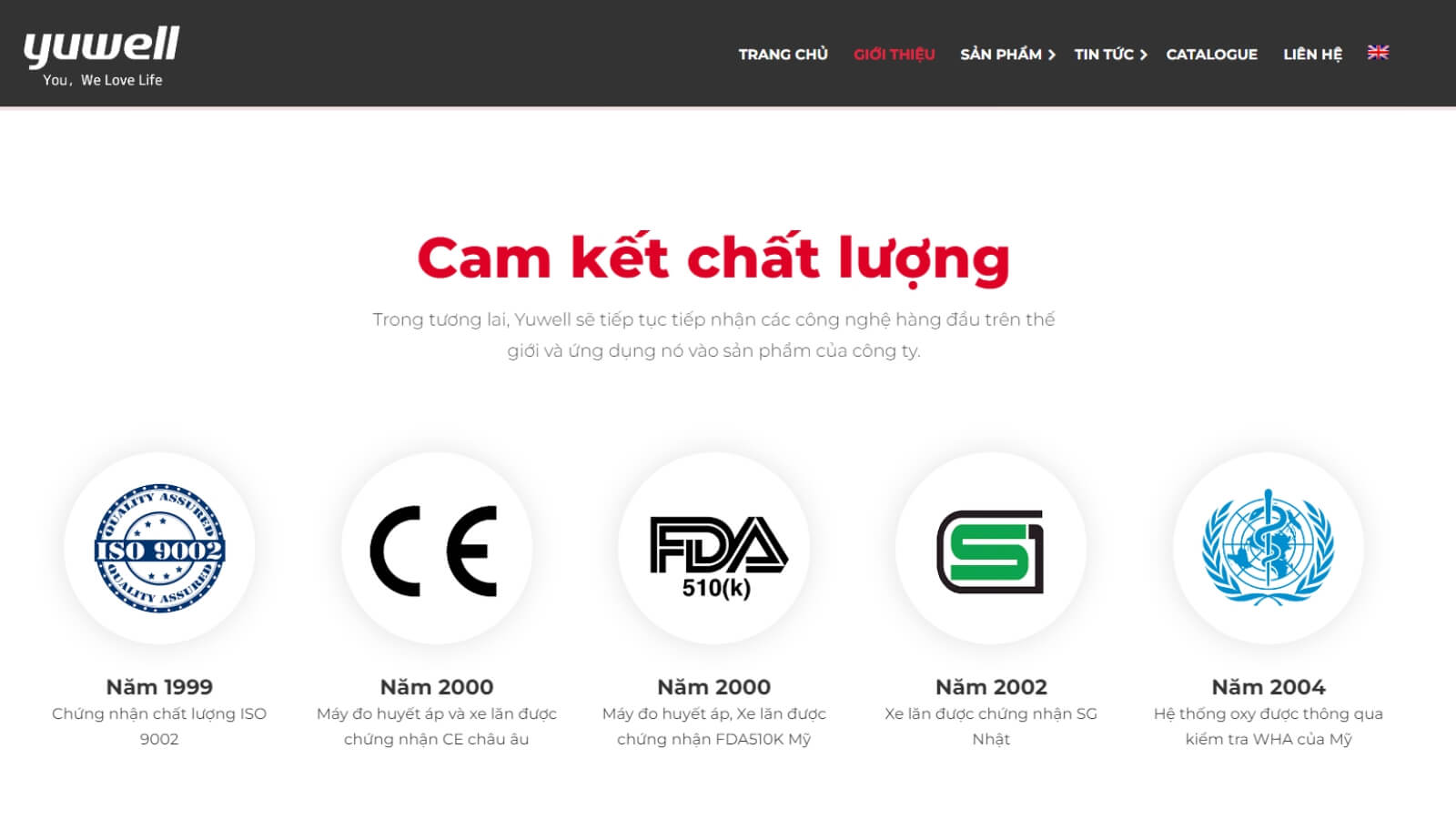 C&aacute;c chứng nhận chất lượng m&agrave; Yuwell đạt được trong nhiều năm qua