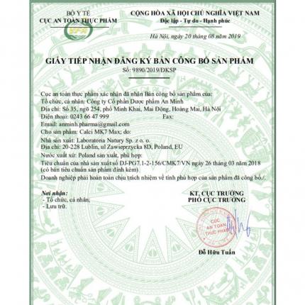 Giấy đăng ký công bố sản phẩm Canxi MK7 Max