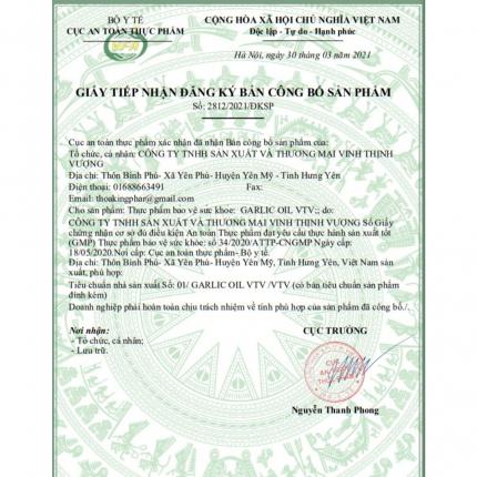 Giấy đăng ký công bố sản phẩm Garlic Oil VTV