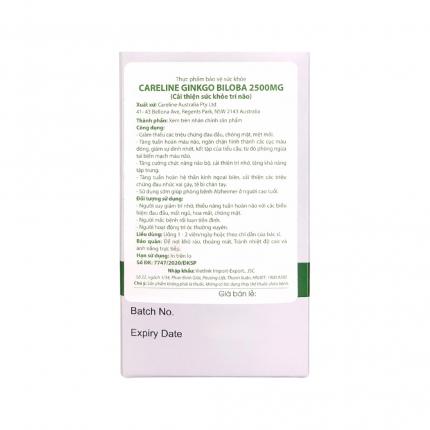 Ginkgo Biloba Careline 2500mg - Hz888 đăng ký nhanh, tăng cường tuần hoàn não (60 viên)