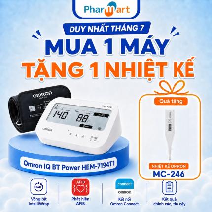 Máy đo huyết áp Omron IQ BT Power HEM-7194T1 - Cảnh báo rung nhĩ, kèm adapter, có bluetooth