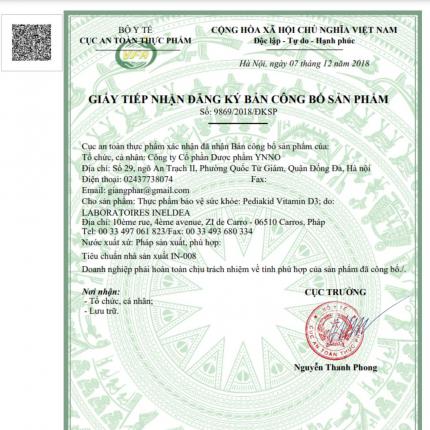 Giấy Công Bố Sản Phẩm Pediakia Vitamin D3
