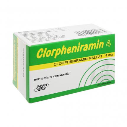 Clorpheniramin 4 - Điều trị viêm mũi dị ứng, mề đay hộp 10 vỉ x 20 viên