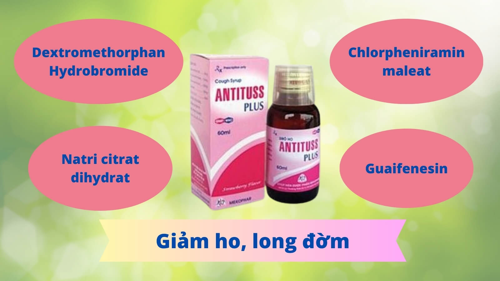 Siro ho Antituss Plus 60ml chứa c&aacute;c th&agrave;nh phần gi&uacute;p giảm ho, long đờm