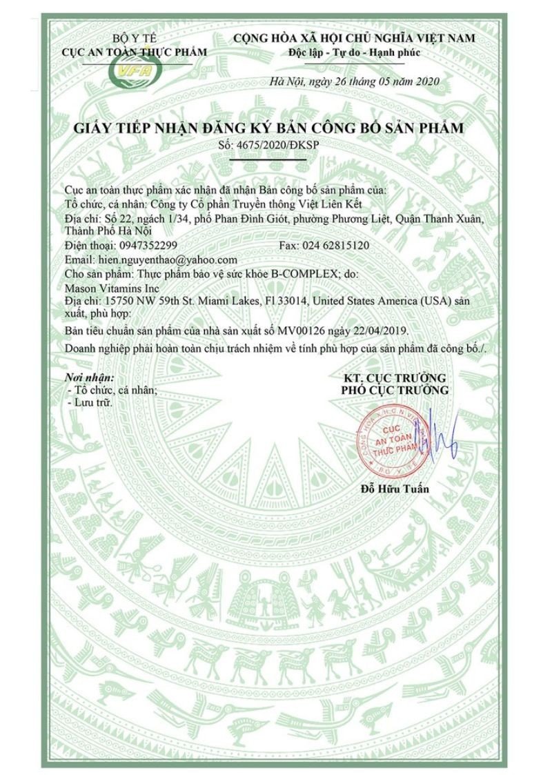 Bản c&ocirc;ng bố sản phẩm của B-Complex mason