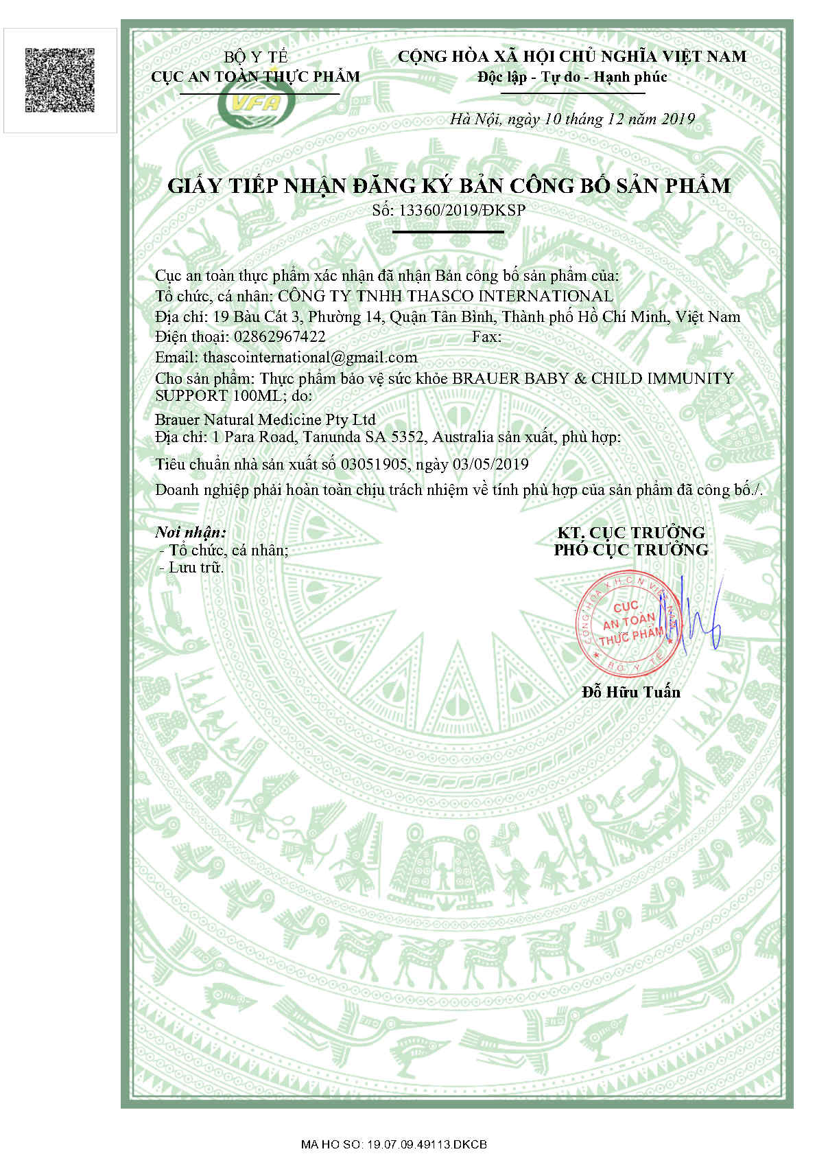 Giấy tiếp nhận c&ocirc;ng bố sản phẩm được cấp bởi Bộ y tế
