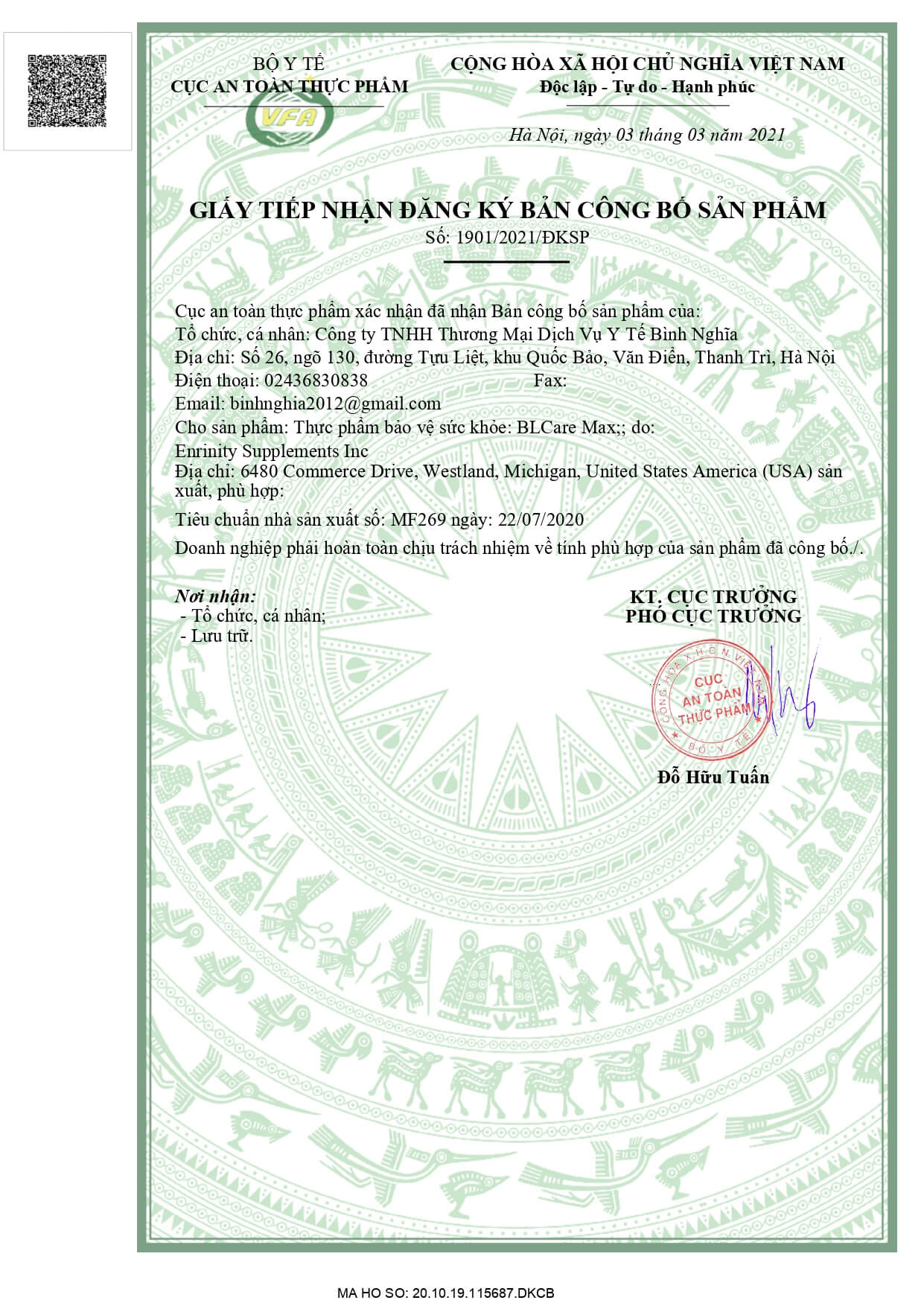 Giấy tiếp nhận đăng k&yacute; bản c&ocirc;ng bố sản phẩm BLCare Max