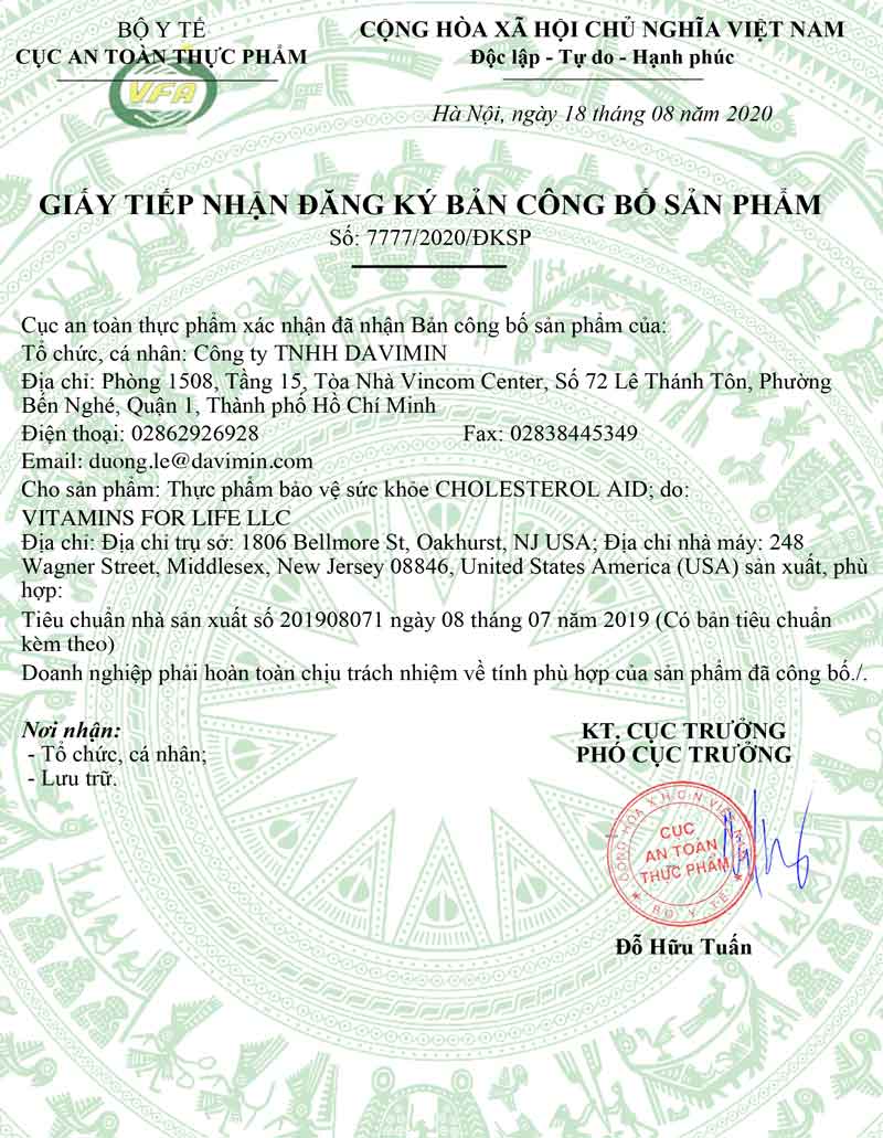 Giấy đăng k&iacute; c&ocirc;ng bố sản phẩm Cholesterol Acid  &nbsp;
