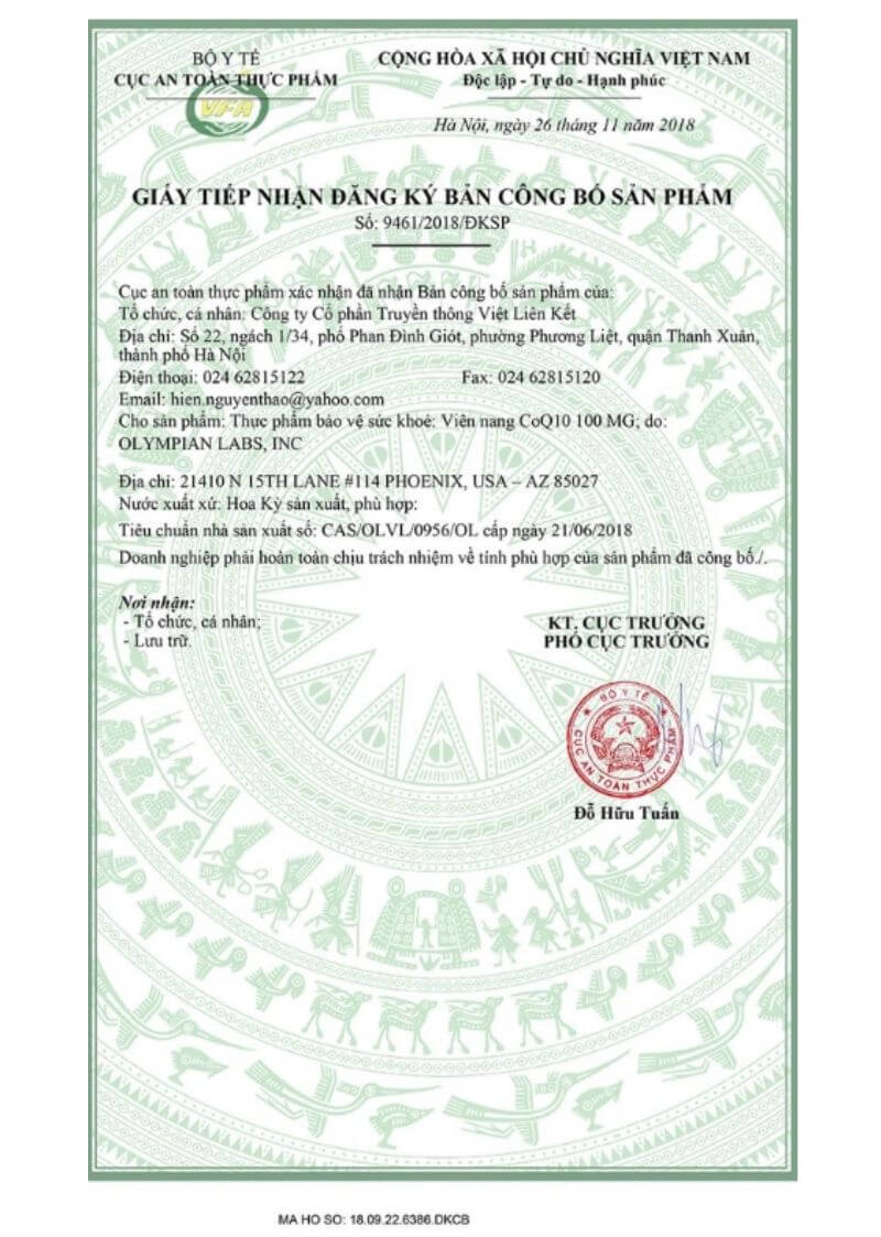 Giấy đăng k&yacute; c&ocirc;ng bố CoQ10 100mg của Olympian Labs