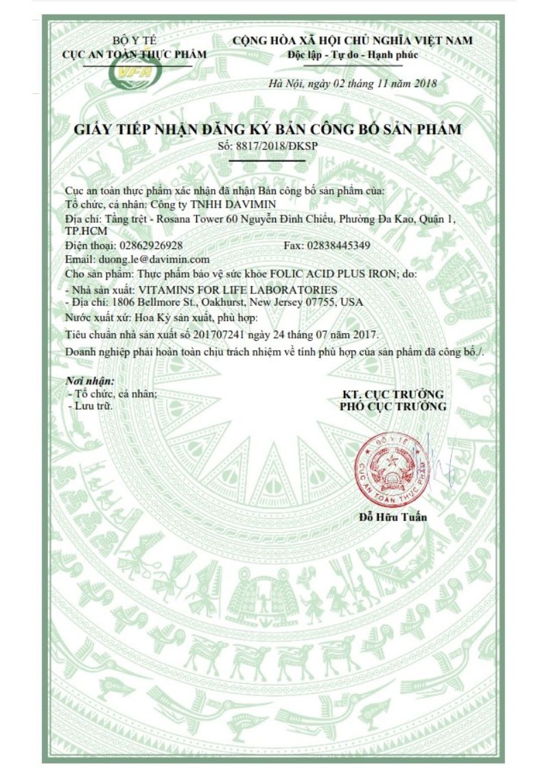 Giấy đăng k&yacute; c&ocirc;ng bố Folic Acid của Vitamins for Life