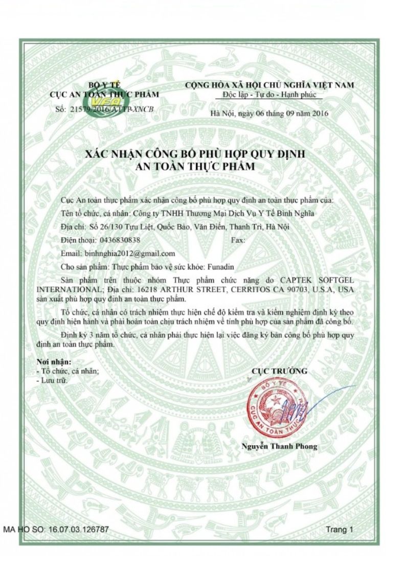 Bản c&ocirc;ng bố sản phẩm của Funadin