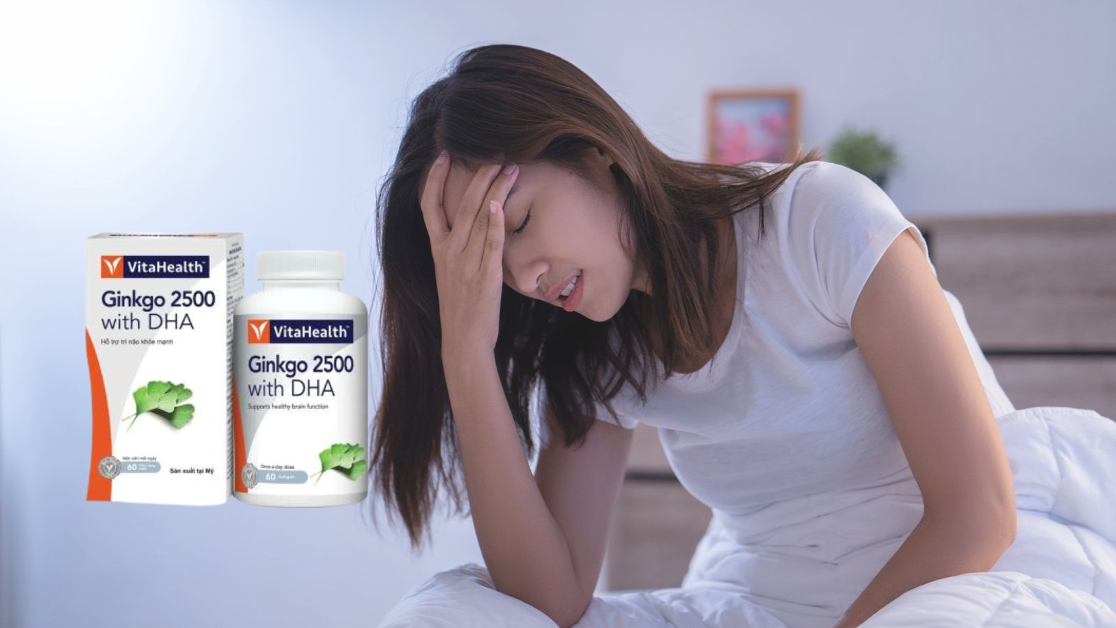 Ginkgo 2500 with DHA VitaHealth (60 vi&ecirc;n) gi&uacute;p hỗ trợ hiệu quả c&aacute;c triệu chứng đau đầu, ch&oacute;ng mặt v&agrave; kh&oacute; ngủ nhờ v&agrave;o sự kết hợp của Ginkgo Biloba v&agrave; DHA
