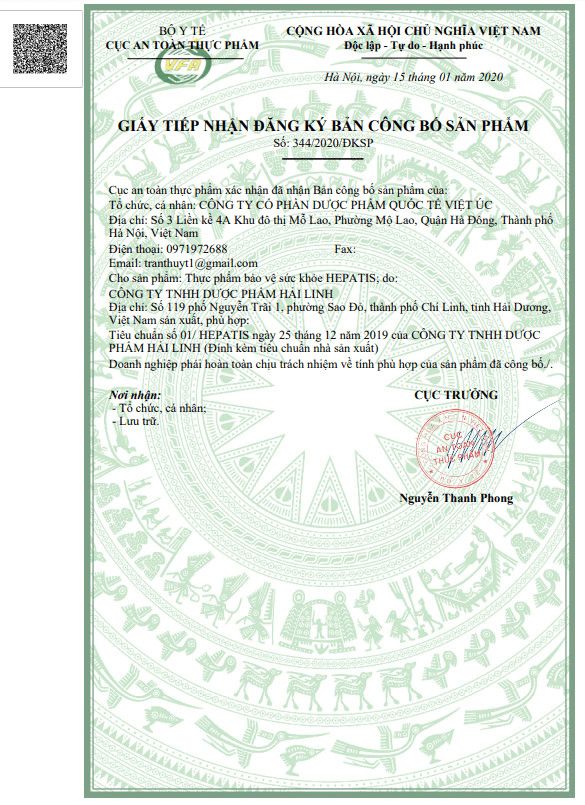 Giấy c&ocirc;ng bố đăng k&yacute; Hepatis