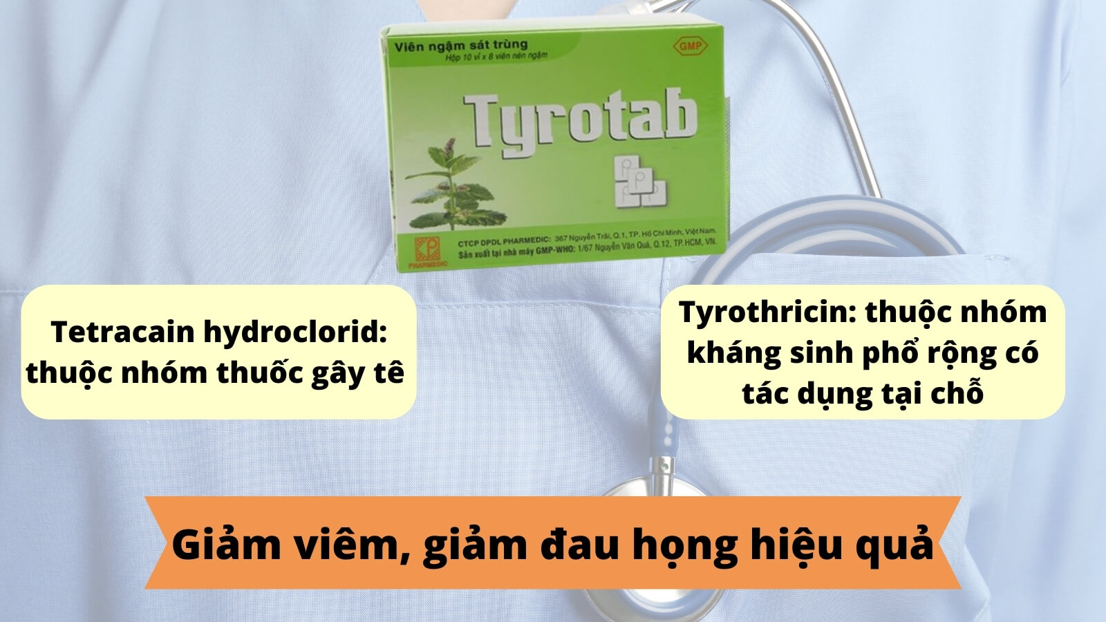 Vi&ecirc;n ngậm Tyrotab chứa c&aacute;c th&agrave;nh phần gi&uacute;p giảm vi&ecirc;m, giảm đau họng hiệu quả