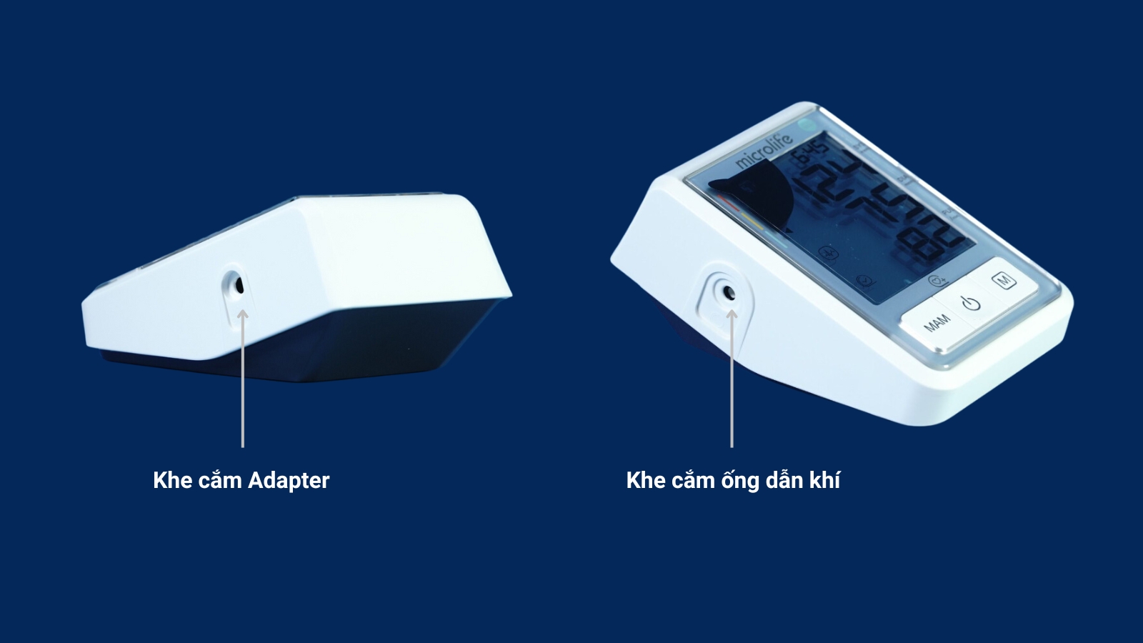 Khe cắm Adapter nằm b&ecirc;n phải v&agrave; khe cắm ống dẫn kh&iacute; nằm b&ecirc;n tr&aacute;i của th&acirc;n m&aacute;y