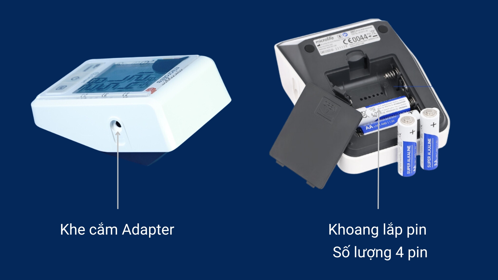 Máy hoạt động nhờ bộ đổi nguồn Adapter hoặc 4 pin AA