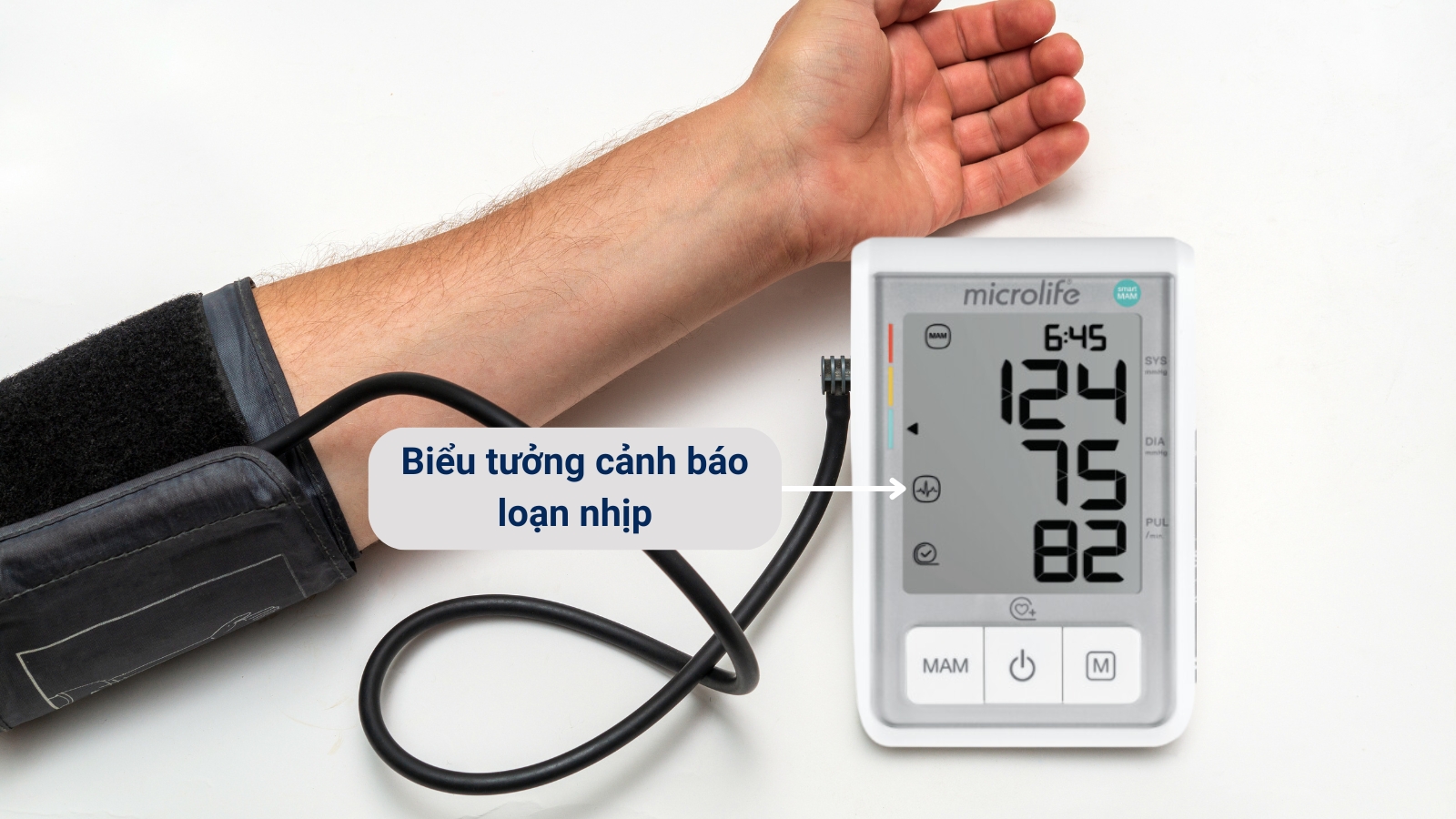 Nếu ph&aacute;t hiện nhịp tim bất thường trong qu&aacute; tr&igrave;nh đo, biểu tượng cảnh b&aacute;o loạn nhịp sẽ xuất hiện tr&ecirc;n m&agrave;n h&igrave;nh