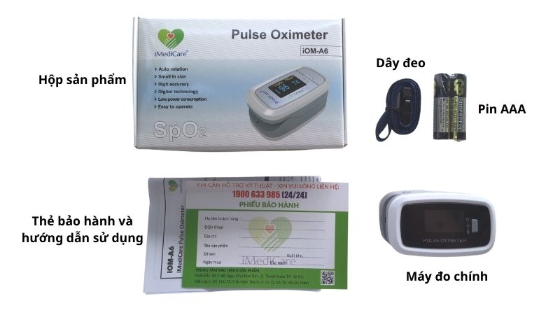 Bộ sản phẩm m&aacute;y đo nồng độ oxy b&atilde;o h&ograve;a SpO2 iMediCare iOM-A6