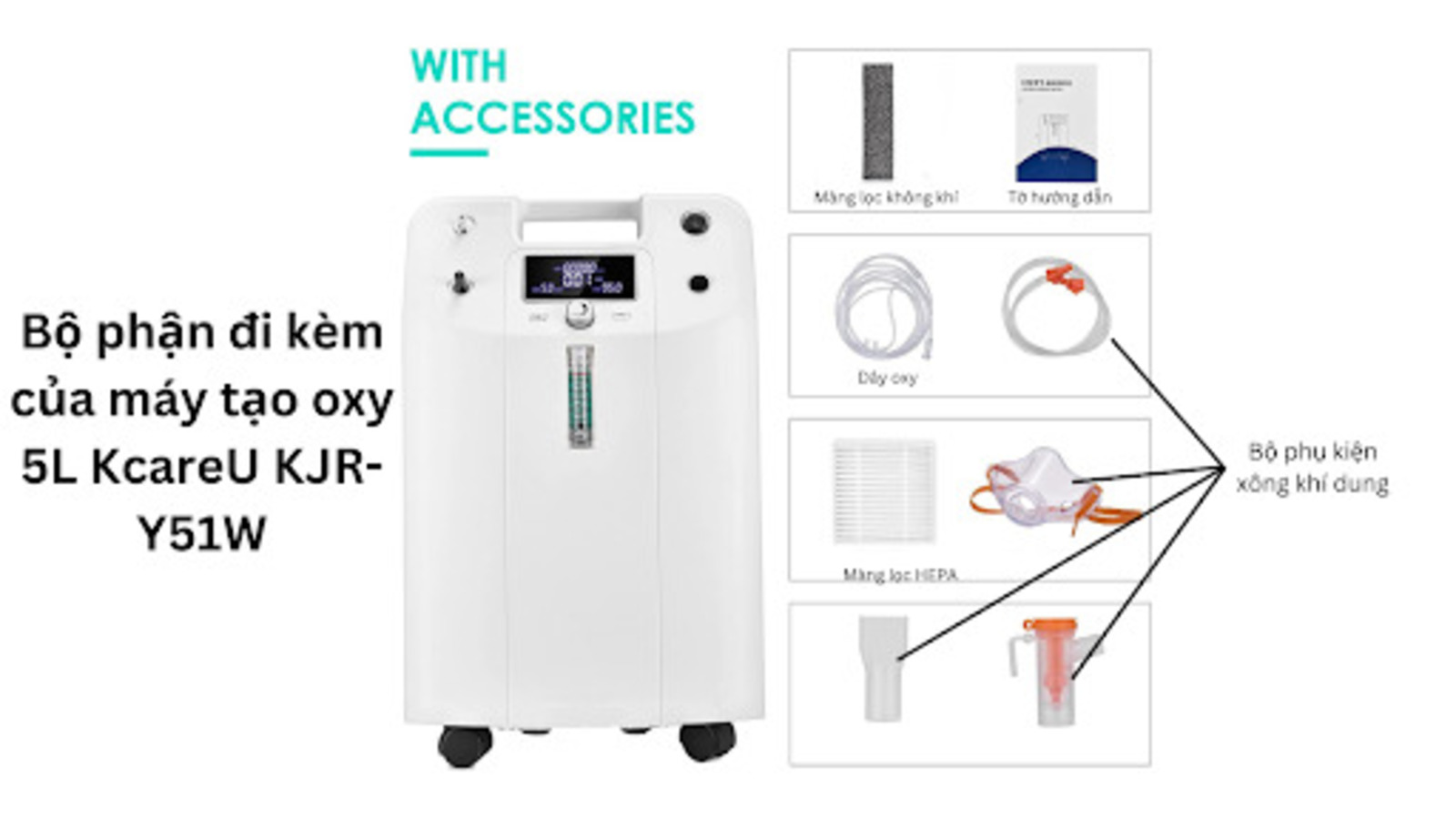 C&aacute;c bộ phận đi k&egrave;m với m&aacute;y tạo oxy 5L KcareU KJR-Y51W