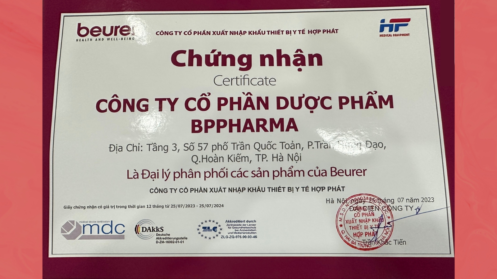 Giấy chứng nhận BPPharma l&agrave; đại l&yacute; ph&acirc;n phối của Beurer