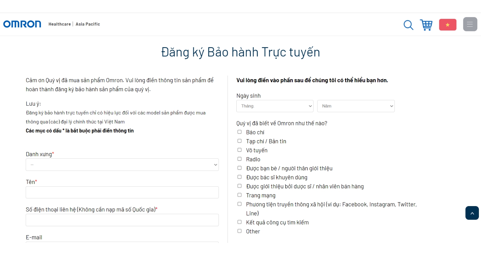 Đăng k&iacute; bảo h&agrave;nh trực tiến tại trung t&acirc;m BH của OMRON