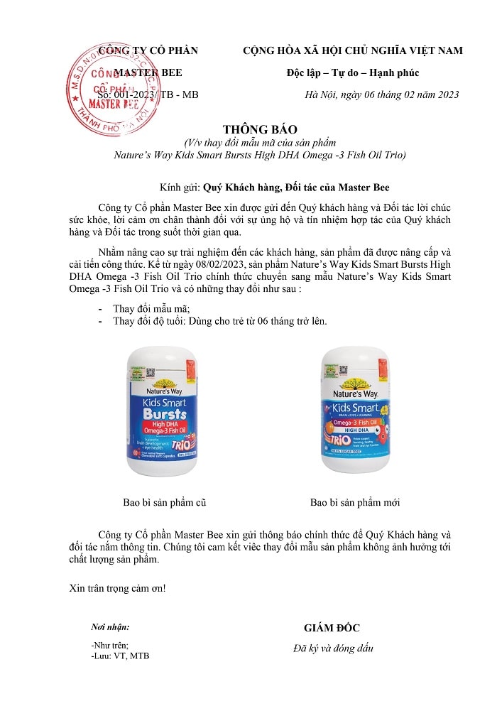 Th&ocirc;ng b&aacute;o: Thay đổi mẫu m&atilde; sản phẩm Nature'S Way Kids Smart Bursts High DHA Omega-3 Fish Oil Trio