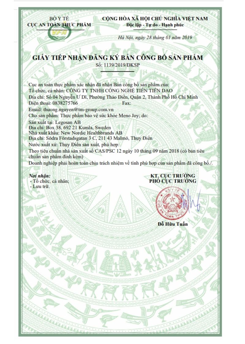 Bản c&ocirc;ng bố sản phẩm của New Nordic Meno Joy