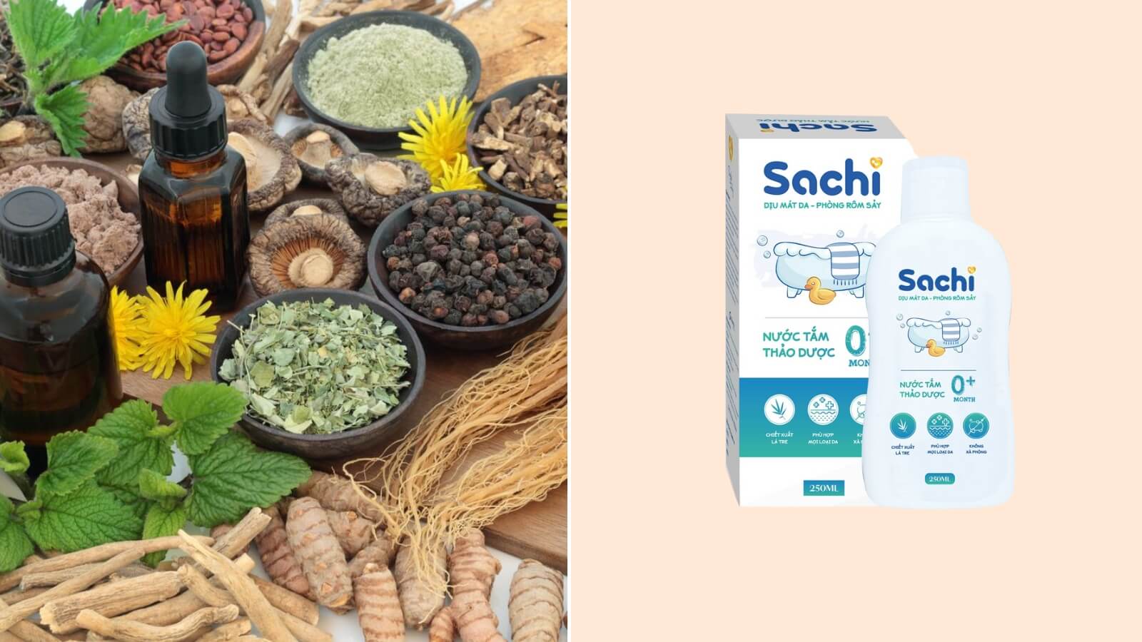 Nước tắm thảo dược Sachi với th&agrave;nh phần l&agrave; c&aacute;c loại thảo dược thi&ecirc;n nhi&ecirc;n