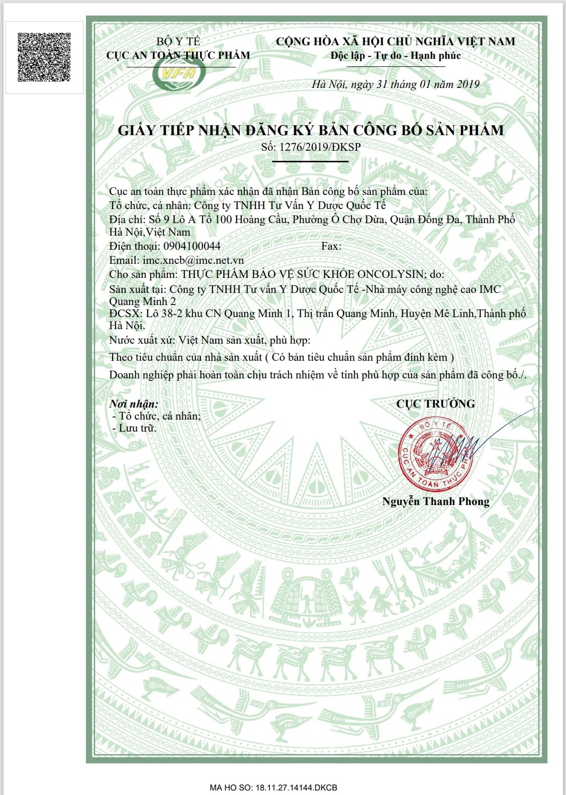 Bản c&ocirc;ng bố sản phẩm của Oncolysin