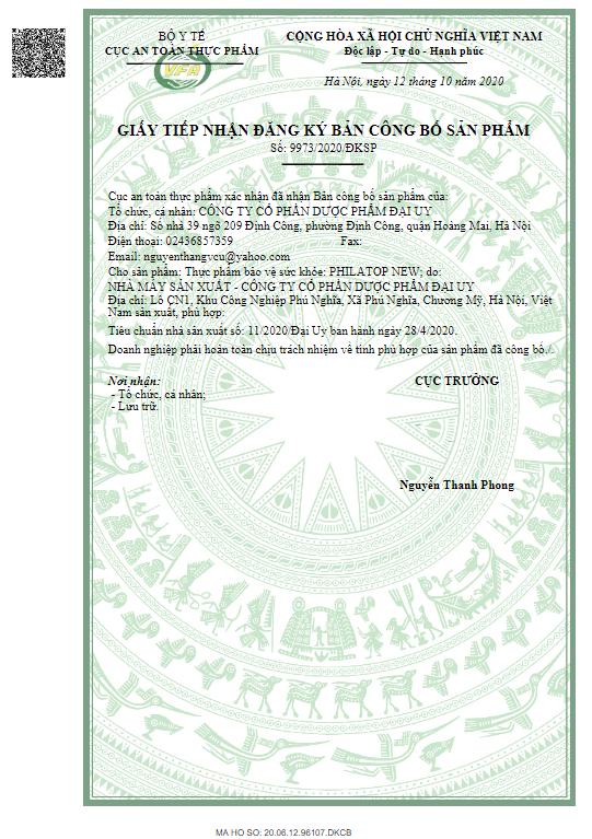 Giấy x&aacute;c nhận c&ocirc;ng bố sản phẩm Philatop New bởi Bộ Y tế
