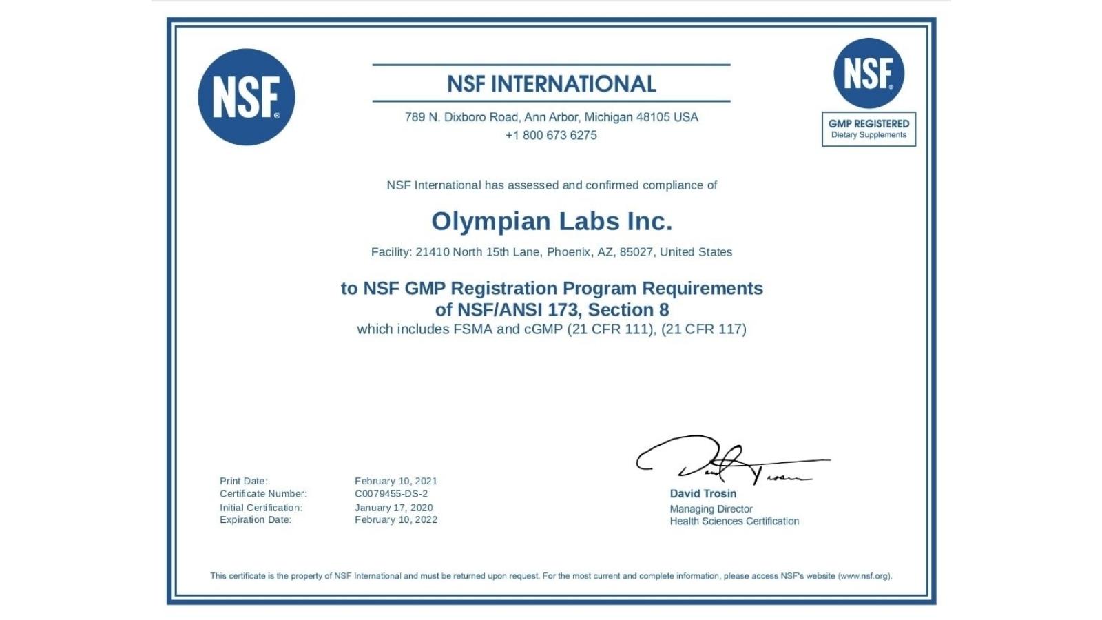 Chứng nhận của NSF d&agrave;nh cho Olympian Labs