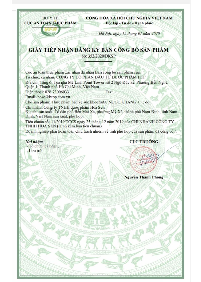 Bản c&ocirc;ng bố sản phẩm của Sắc Ngọc Khang++