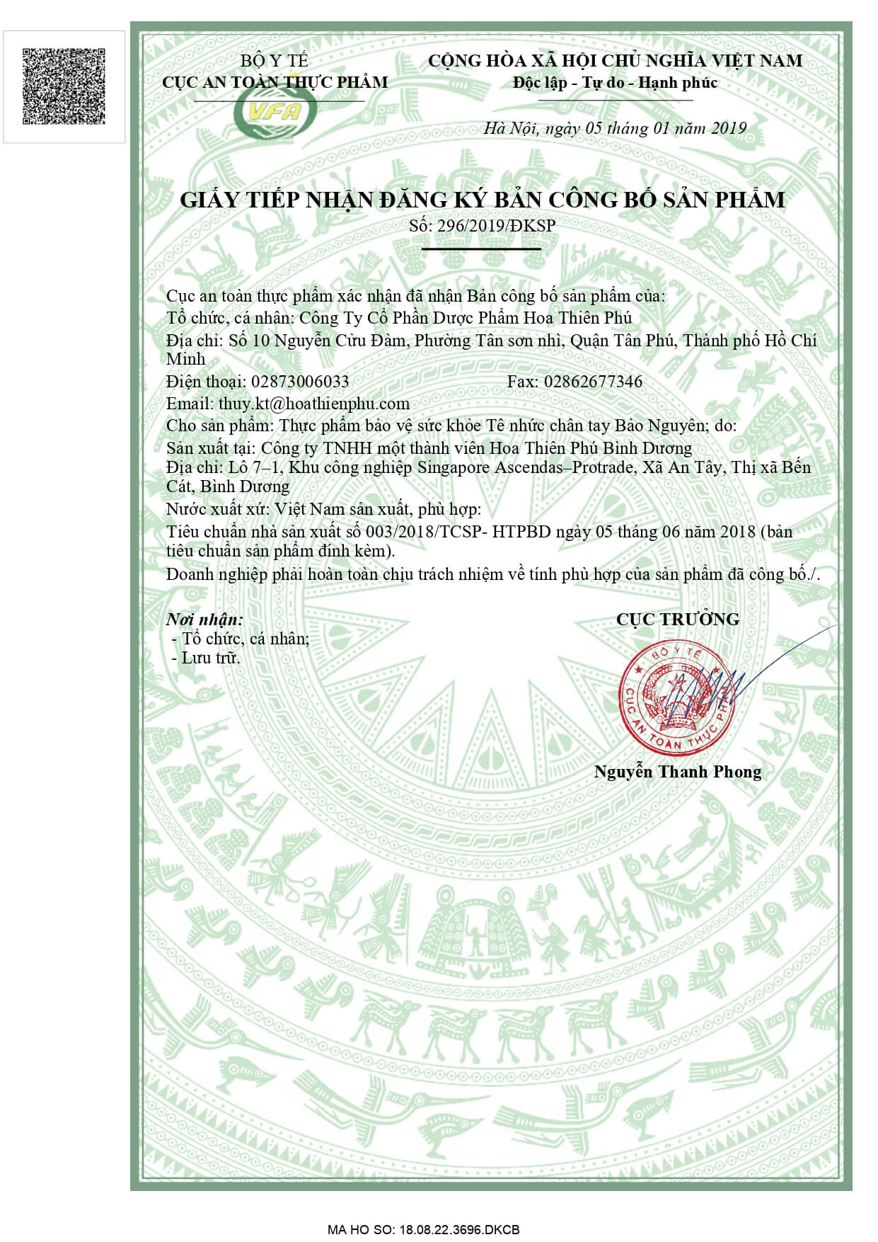 Giấy đăng k&yacute; c&ocirc;ng bố sản phẩm T&ecirc; Nhức Ch&acirc;n Tay Bảo Nguy&ecirc;n