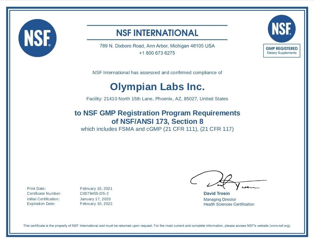 Chứng nhận từ tổ chức NSF International dành cho thương hiệu Olympian Labs