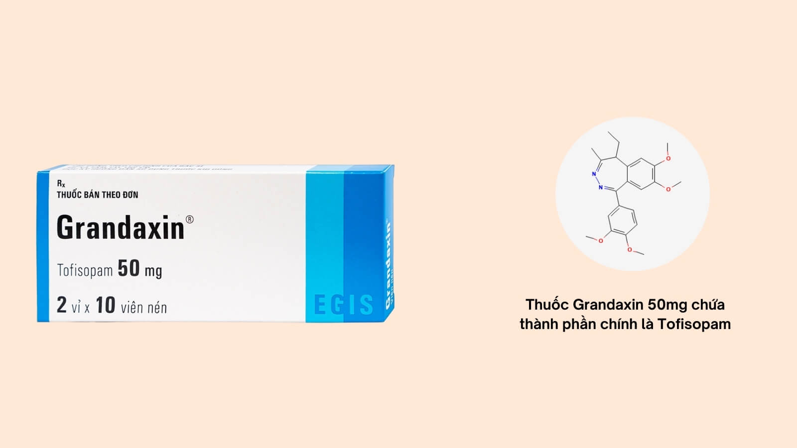 Thuốc Grandaxin 50mg chứa th&agrave;nh phần ch&iacute;nh l&agrave; Tofisopam