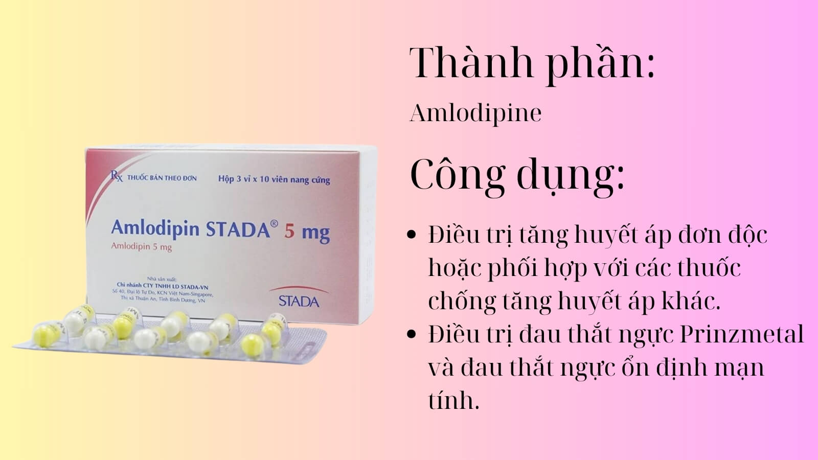 Th&agrave;nh phần v&agrave; c&ocirc;ng dụng của thuốc Amlodipine Stada 5mg