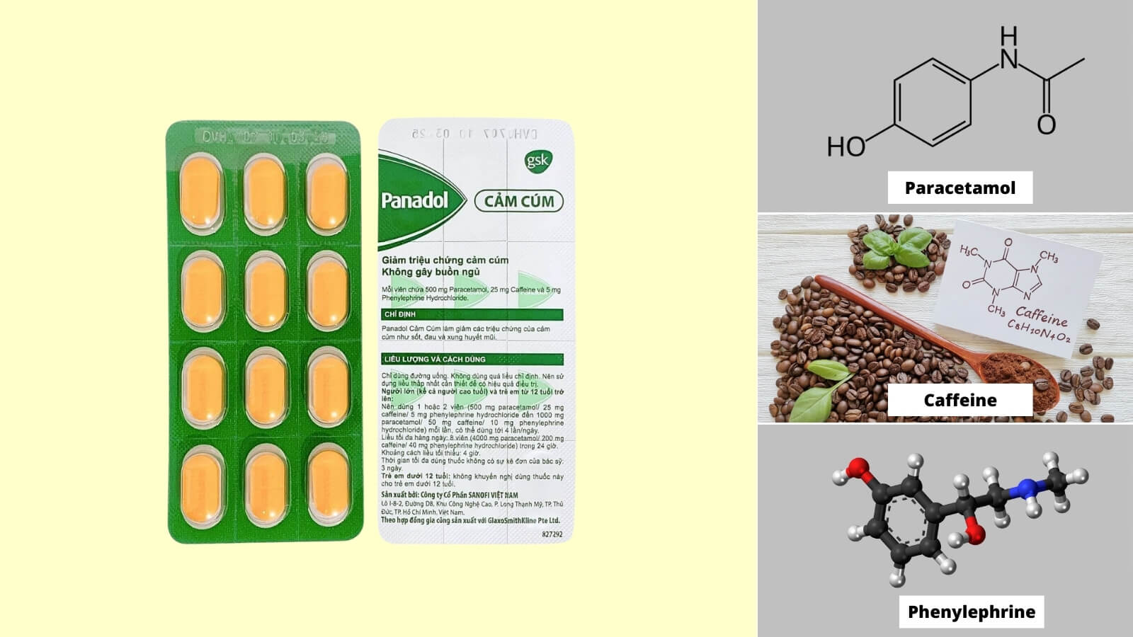 C&aacute;c th&agrave;nh phần c&oacute; trong thuốc Panadol cảm c&uacute;m 500mg