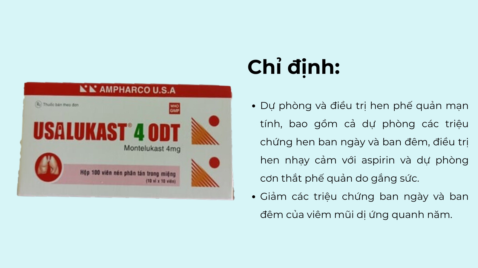 Thuốc Usalukast thường d&ugrave;ng trong c&aacute;c trường hợp hen phế quản