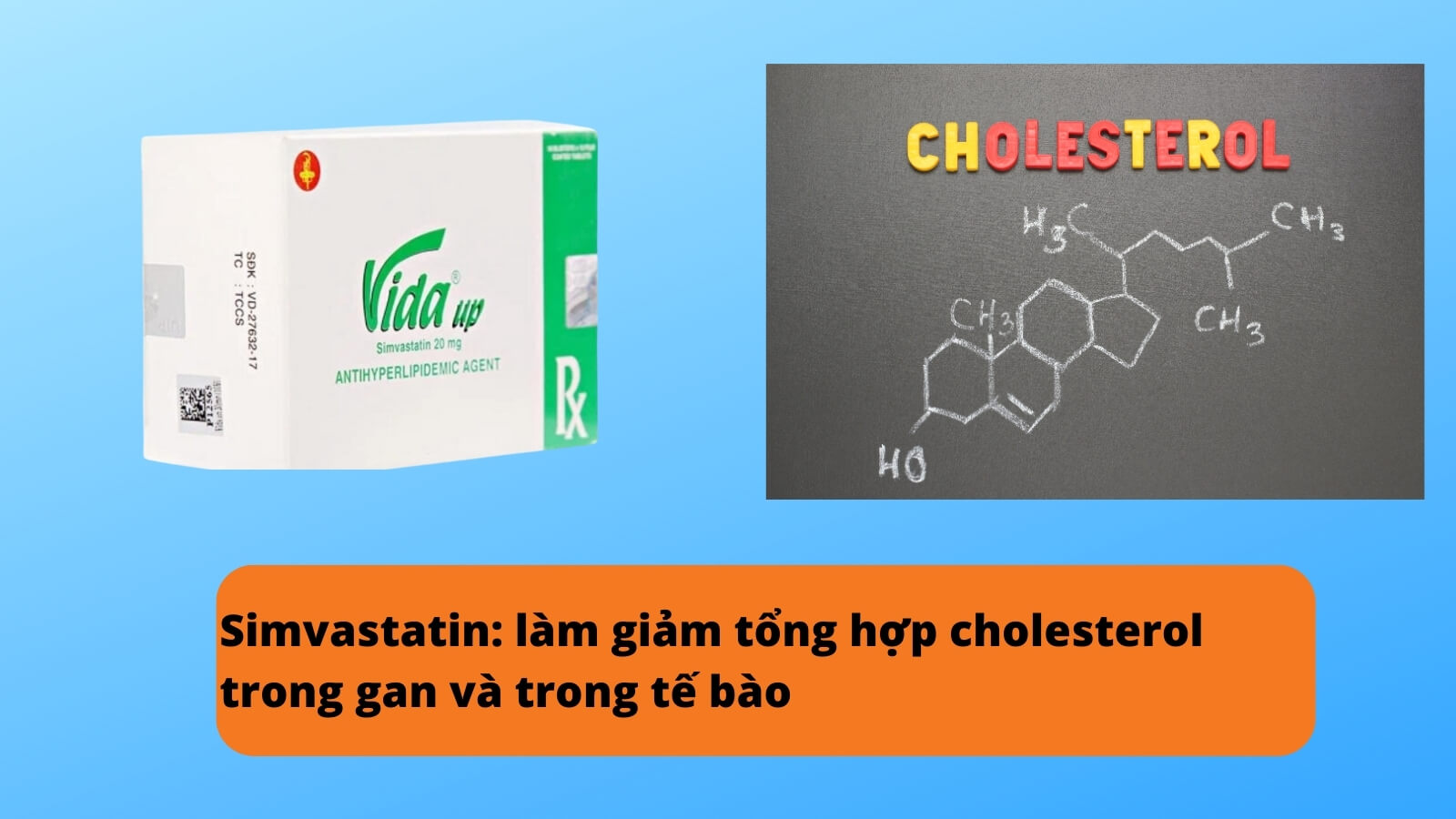 Thuốc Vida up 20mg chứa Simvastatin c&oacute; t&aacute;c dụng l&agrave;m giảm cholesterol