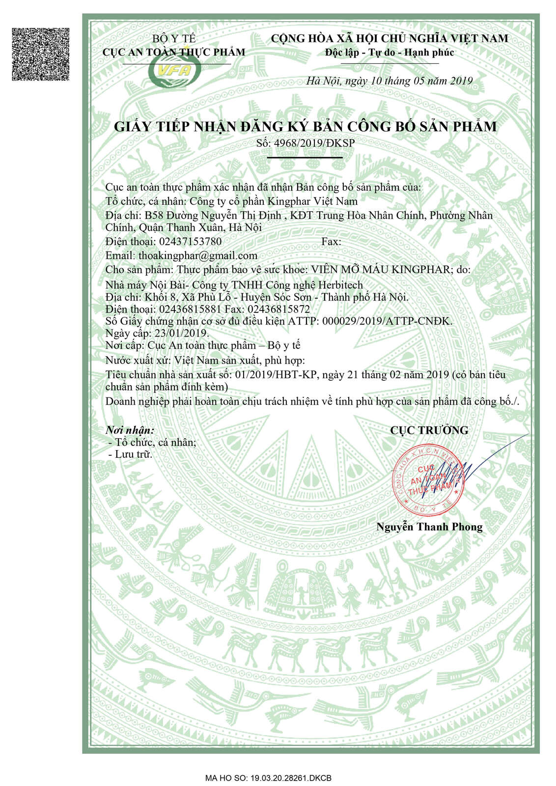 Giấy đăng k&iacute; sản phẩm an to&agrave;n được cấp bởi cơ quan y tế c&oacute; thẩm quyền