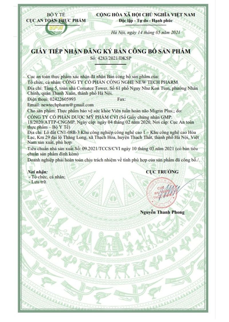 Bản c&ocirc;ng bố sản phẩm của Migrin Plus