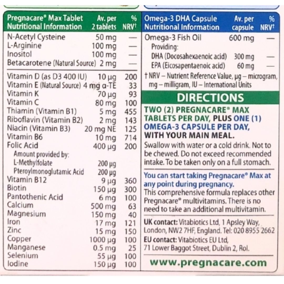 Bảng th&agrave;nh phần Pregnacare Max