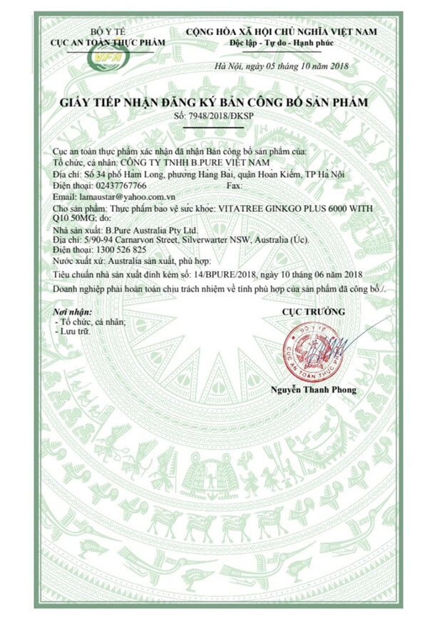 Giấy đăng k&yacute; c&ocirc;ng bố Vitatree Ginkgo Plus 6000mg