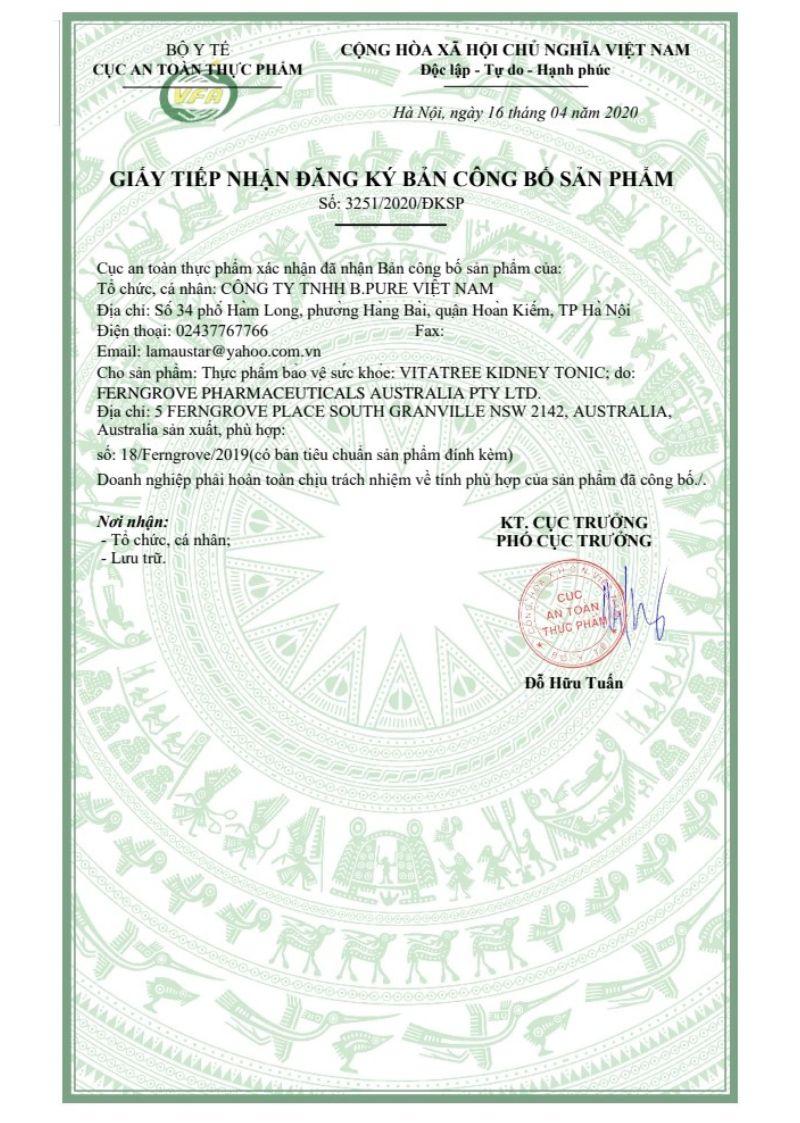 Giấy đăng k&yacute; c&ocirc;ng bố của Vitatree Kidney Tonic